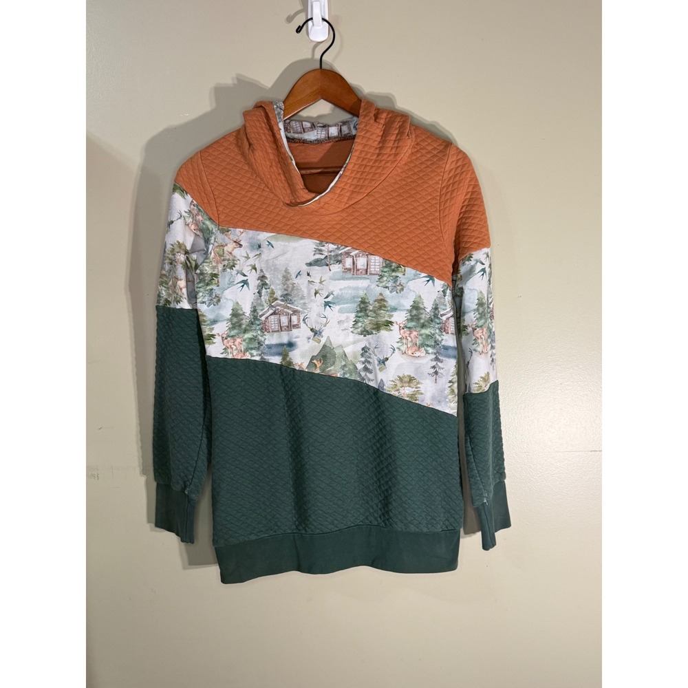 Jensens Style Forest Deer Print Quilted Hoodie Green Orange Handcrafted Medium